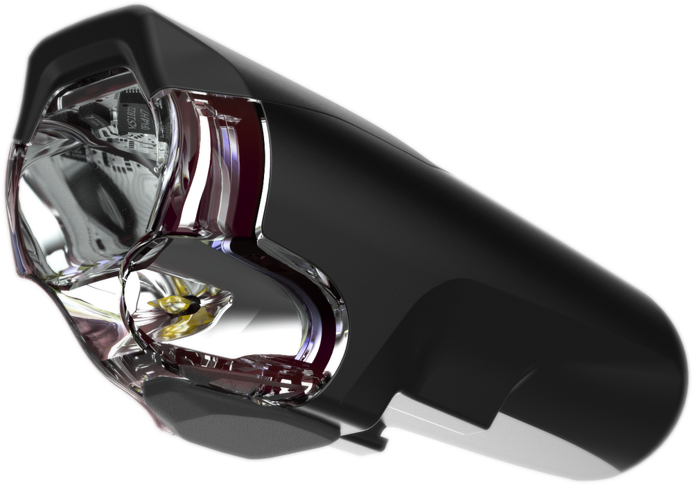 Black bicycle headlight with a clear lens and LED bulbs.